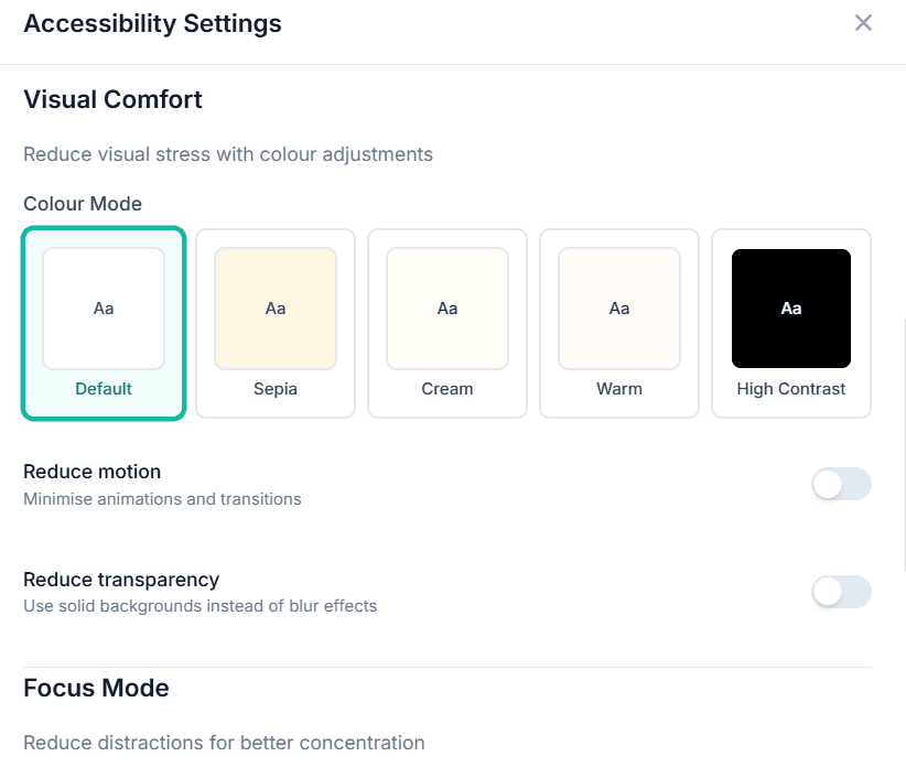 Accessibility settings panel showing colour modes and visual comfort options