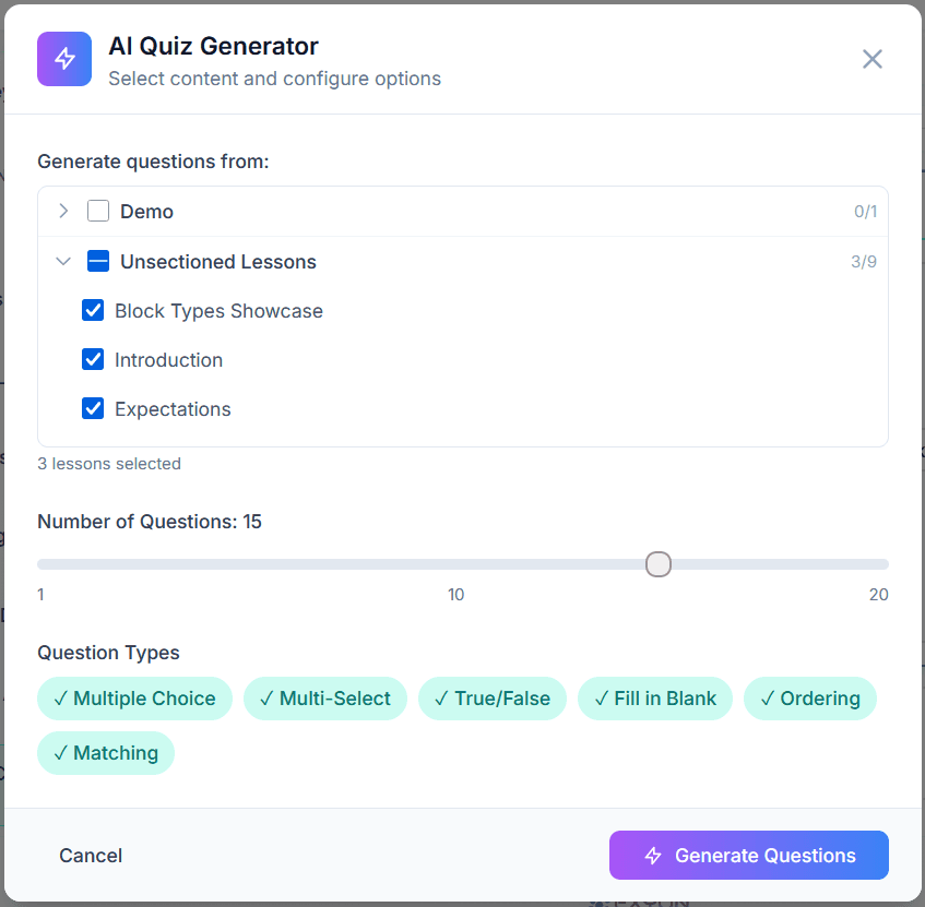 AI Quiz Generator interface