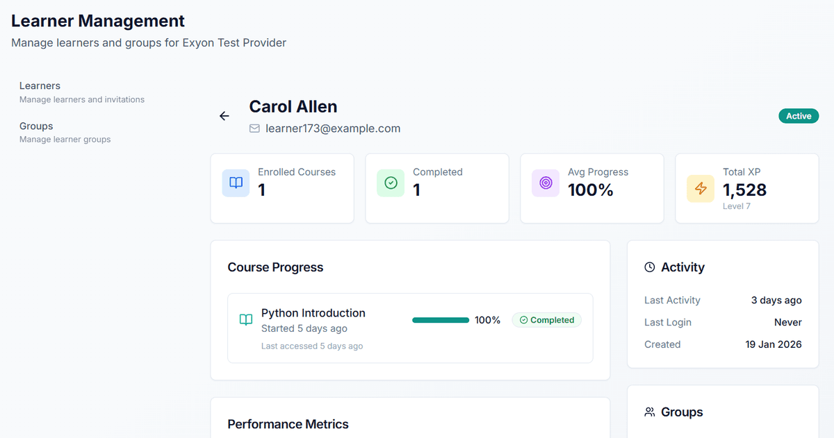 Learner management dashboard showing learner profile with progress, XP, and course completion
