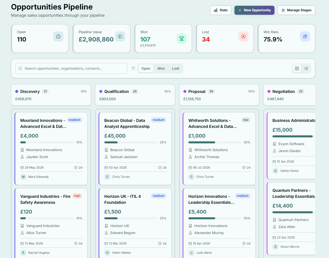 ExyonPulse CRM pipeline with kanban board and list view