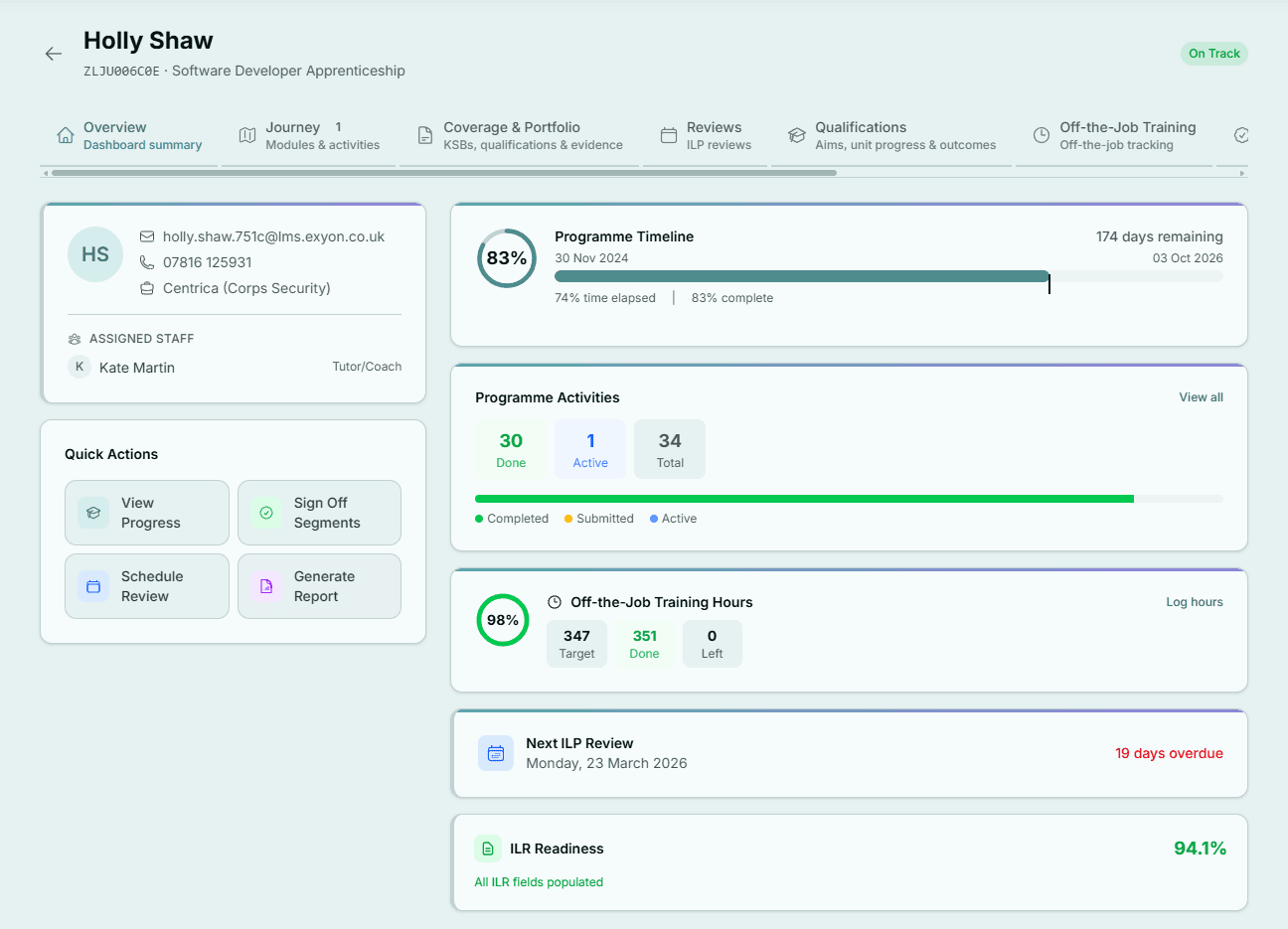 ExyonPulse learner profile with programme progress