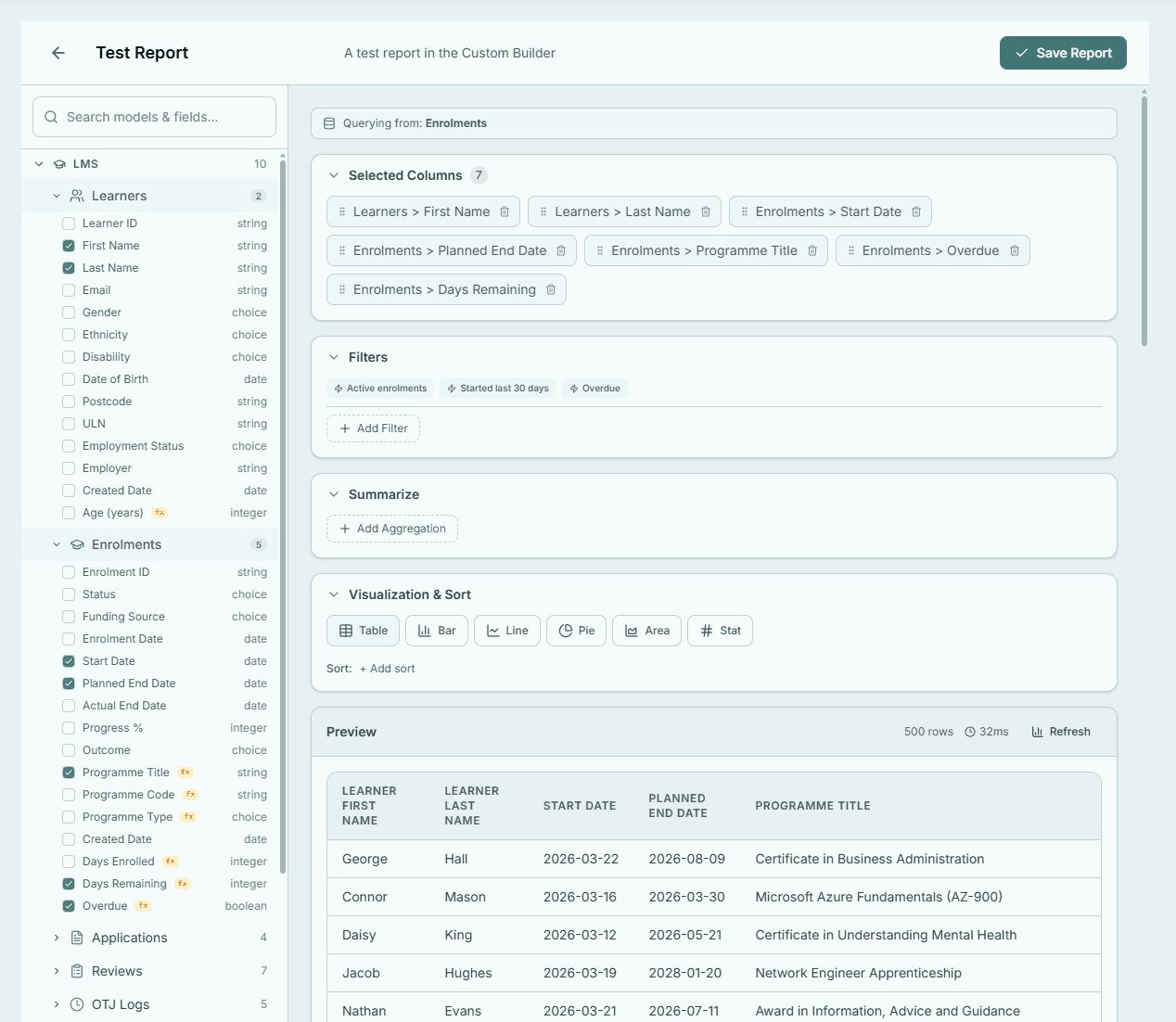 ExyonPulse custom report builder with 340+ fields